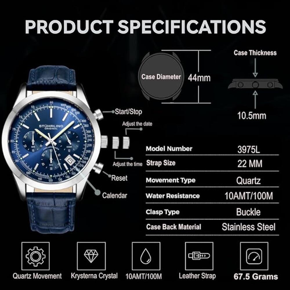 Stuhrling Original Rialto 3975L Chronograph Watch 44mm Stainless Steel Blue Dial - Picture 4 of 13